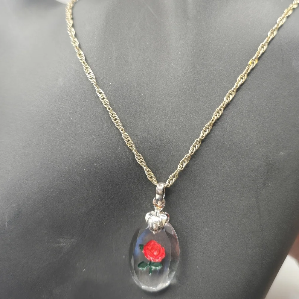 Reverse painted Rose on crystal Milor Italy sterling silver pendant necklace